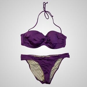 Victoria's Secret Purple Bandeau Halter Bikini Set Underwire Twist‎ Front 34B M